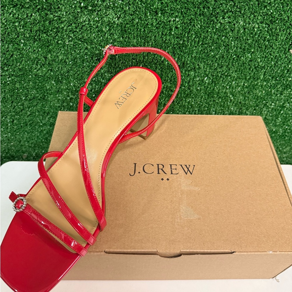 J Crew Red Patent Leather Open Toe Strappy Rhinestone Buckle Heels Size 11 NWT